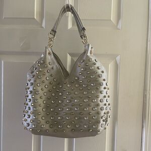 Latique synthetic gray studded silver tone & gold rhinestones Medium Satchel .